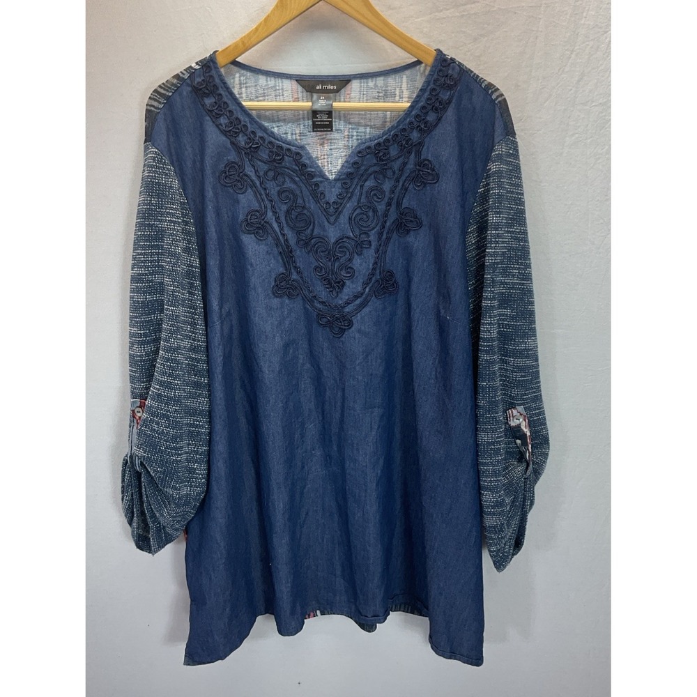 Ali Miles 3/4 Sleeve popover Tunic Top 2X Mixed Blue/ Chambray print flowy